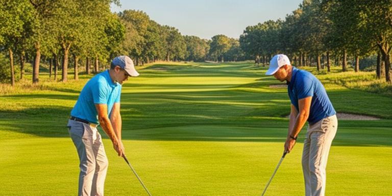 Twee heren aan het golfen op de zonnige fairway van golfbaan Rooibos in Almere met groene bomen op de achtergrond